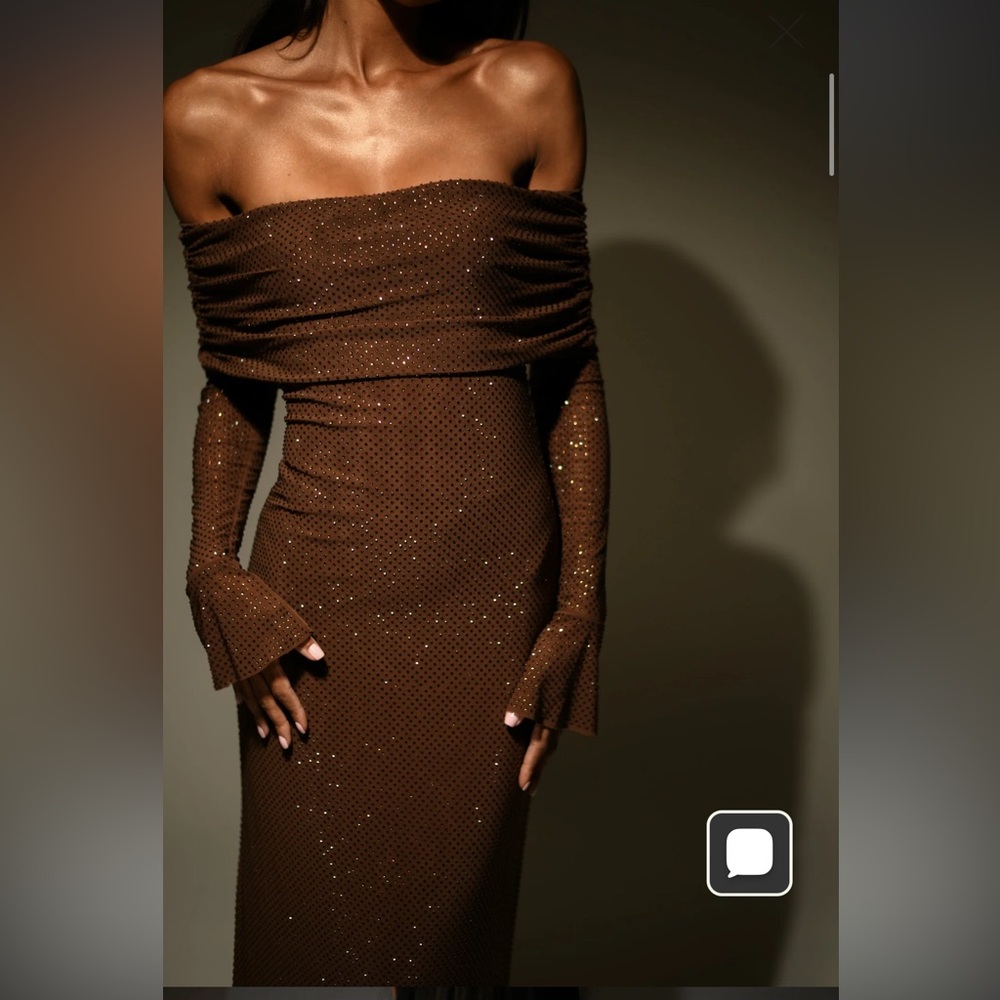Meshki Off-Shoulder Diamanté Sparkling Brown Maxi Dress - Picture 3 of 5